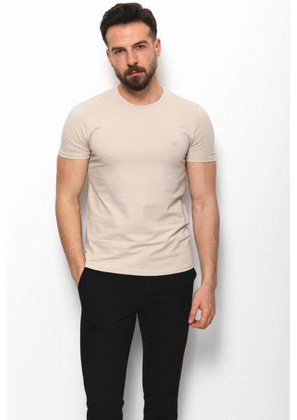 Düz Taş Rengi Super Slim Fit Bisiklet Yaka Basic Erkek T-Shirt modelleri