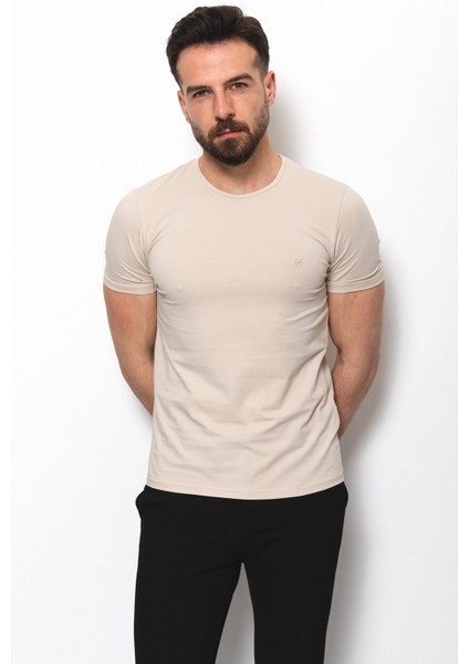 Düz Taş Rengi Super Slim Fit Bisiklet Yaka Basic Erkek T-Shirt fırsatları