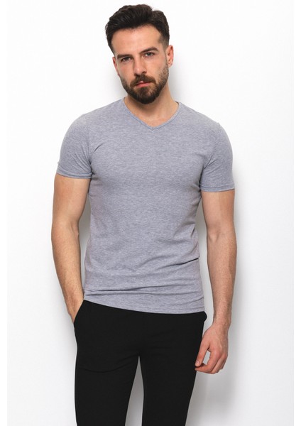 Düz Gri Renk Super Slim Fit V Yaka Basic Erkek T-Shirt