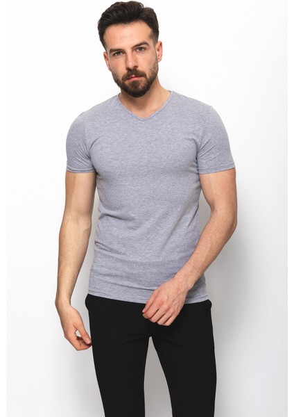 Düz Gri Renk Super Slim Fit V Yaka Basic Erkek T-Shirt