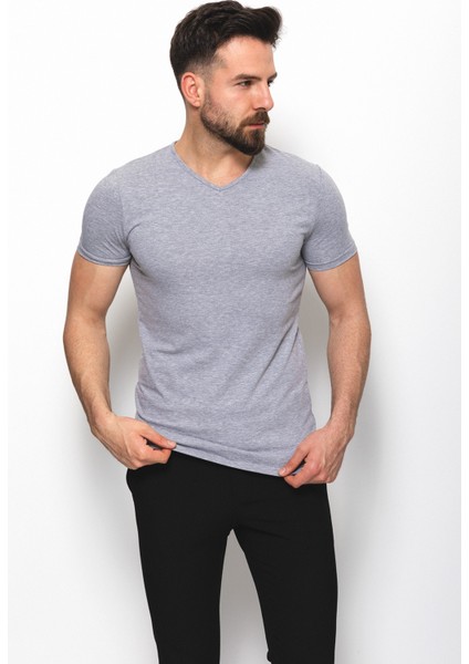 Düz Gri Renk Super Slim Fit V Yaka Basic Erkek T-Shirt