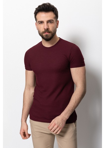Desenli Bordo Slim Fit Bisiklet Yaka Basic Erkek T-Shirt
