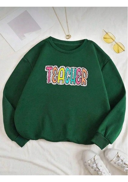 Oversize Unisex Teacher Baskılı Yeşil Bisiklet Yaka Sweatshirt