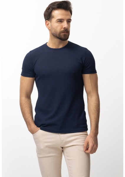 Desenli Lacivert Slim Fit Bisiklet Yaka Basic Erkek T-Shirt