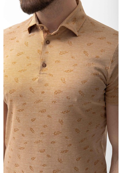 Yaprak Desenli Kamel Slim Fit Polo Yaka Erkek T-Shirt fiyatları