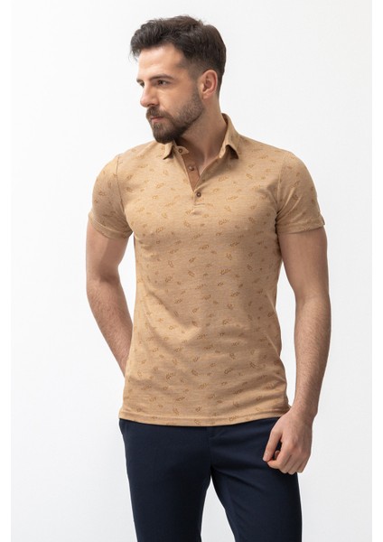 Yaprak Desenli Kamel Slim Fit Polo Yaka Erkek T-Shirt modelleri