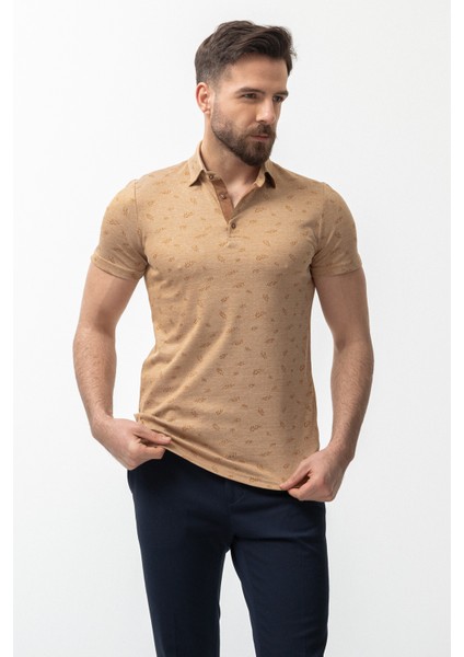 Yaprak Desenli Kamel Slim Fit Polo Yaka Erkek T-Shirt fırsatları