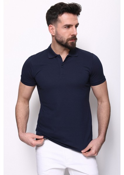 Düz Lacivert Renk Slim Fit Polo Yaka Basic Erkek T-Shirt