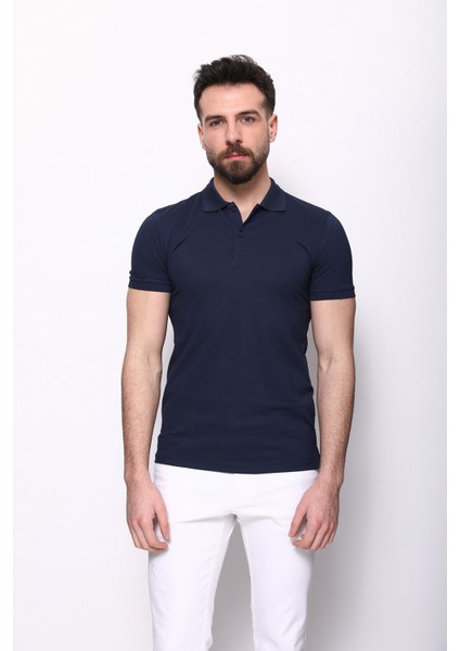 Düz Lacivert Renk Slim Fit Polo Yaka Basic Erkek T-Shirt