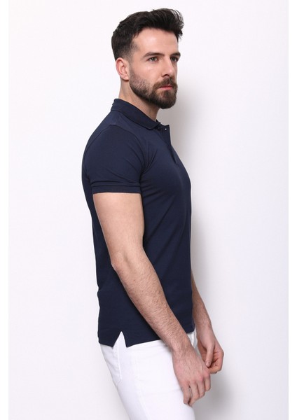 Düz Lacivert Renk Slim Fit Polo Yaka Basic Erkek T-Shirt