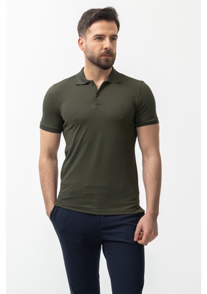 Düz Haki Rengi Slim Fit Polo Yaka Basic Erkek T-Shirt