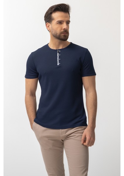 Desenli Lacivert Slim Fit Fermuarlı Bisiklet Yaka Erkek T-Shirt