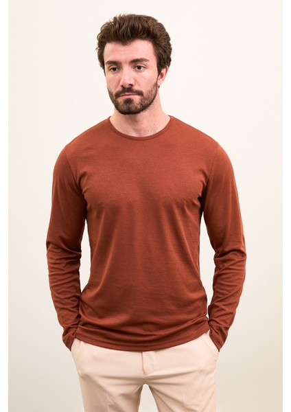 Düz Kiremit Rengi Slim Fit Uzun Kollu Bisiklet Yaka Erkek T-shirt