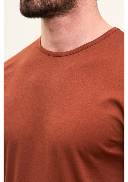 Düz Kiremit Rengi Slim Fit Uzun Kollu Bisiklet Yaka Erkek T-shirt fiyatları