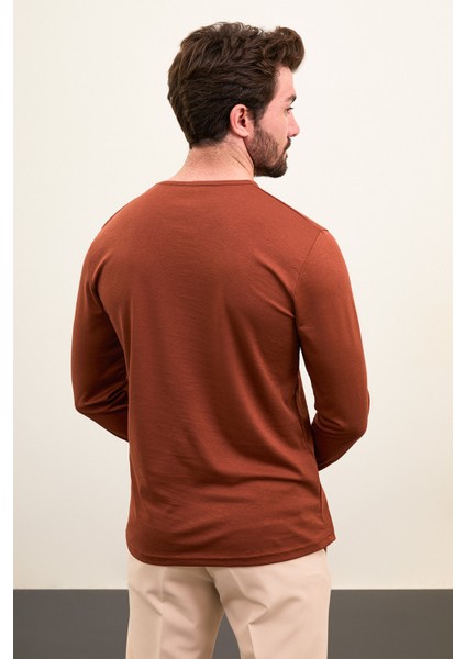 Düz Kiremit Rengi Slim Fit Uzun Kollu Bisiklet Yaka Erkek T-shirt modelleri