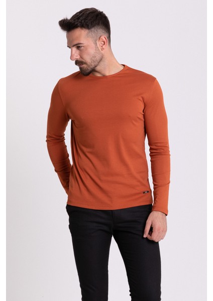 Düz Kiremit Rengi Slim Fit Uzun Kollu Bisiklet Yaka Erkek T-shirt fırsatları