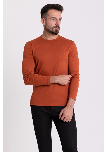 Düz Kiremit Rengi Slim Fit Uzun Kollu Bisiklet Yaka Erkek T-shirt indirimleri