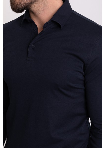 Düz Lacivert Renk Slim Fit Uzun Kollu Polo Yaka Erkek T-Shirt fiyatları