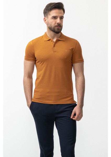 Düz Kamel Rengi Slim Fit Polo Yaka Basic Erkek T-Shirt