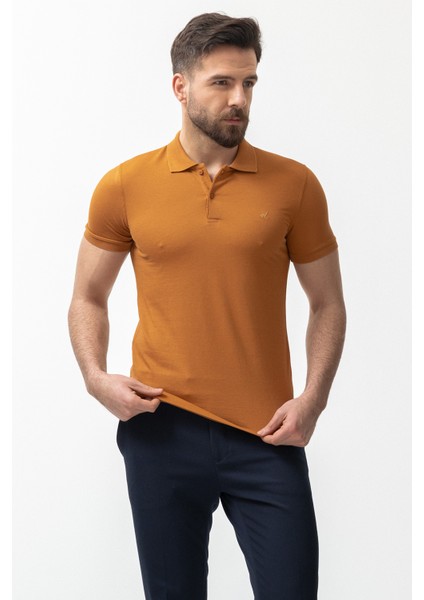 Düz Kamel Rengi Slim Fit Polo Yaka Basic Erkek T-Shirt modelleri