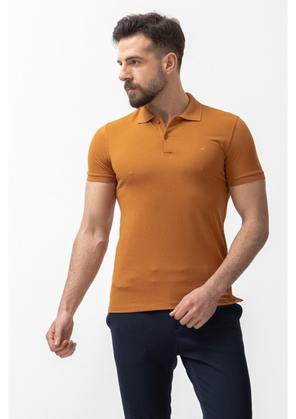 Düz Kamel Rengi Slim Fit Polo Yaka Basic Erkek T-Shirt fırsatları