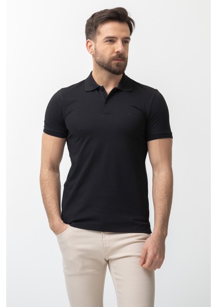 Düz Siyah Renk Slim Fit Polo Yaka Basic Erkek T-Shirt