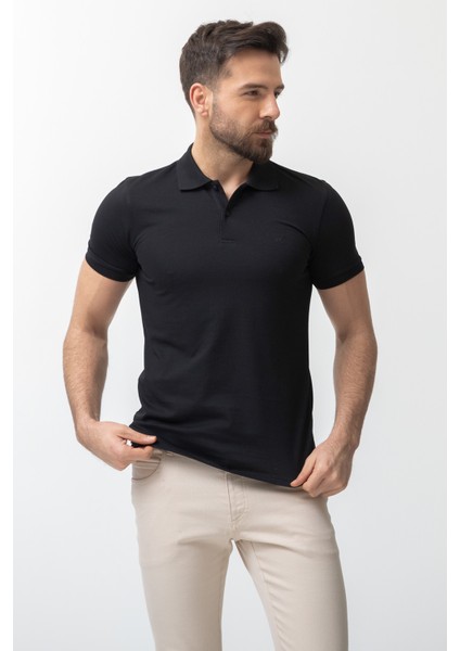 Düz Siyah Renk Slim Fit Polo Yaka Basic Erkek T-Shirt modelleri