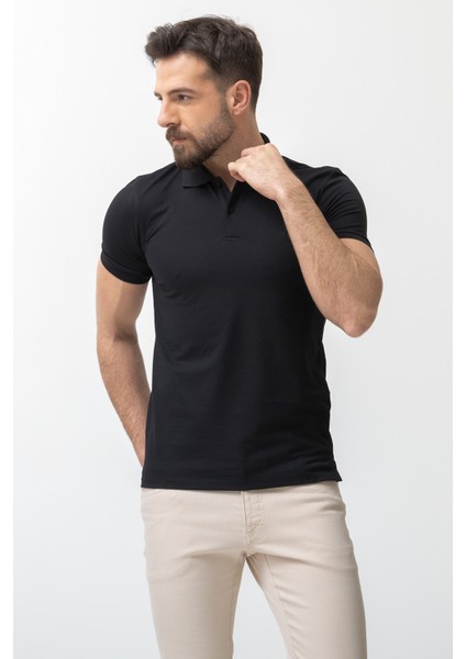 Düz Siyah Renk Slim Fit Polo Yaka Basic Erkek T-Shirt fırsatları