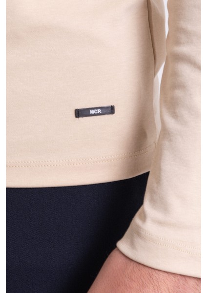 Düz Bej Rengi Slim Fit Uzun Kollu Bisiklet Yaka Erkek T-shirt fırsatları