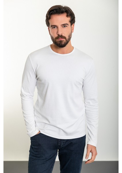 Düz Beyaz Renk Slim Fit Uzun Kollu Bisiklet Yaka Erkek T-Shirt