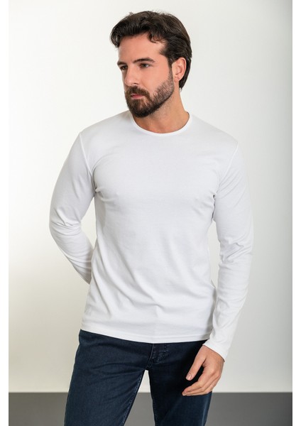 Düz Beyaz Renk Slim Fit Uzun Kollu Bisiklet Yaka Erkek T-Shirt modelleri