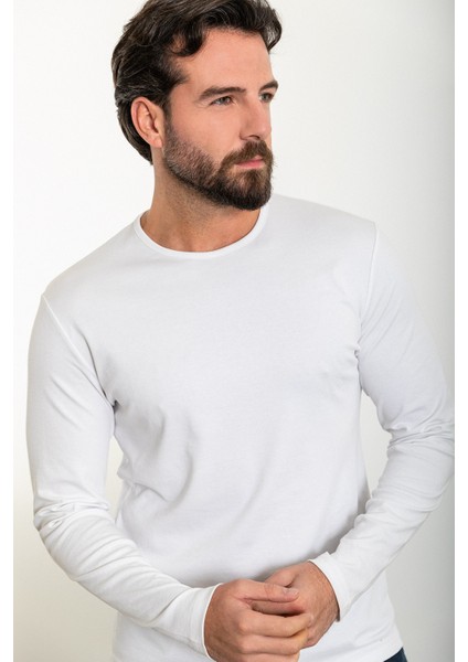 Düz Beyaz Renk Slim Fit Uzun Kollu Bisiklet Yaka Erkek T-Shirt fırsatları