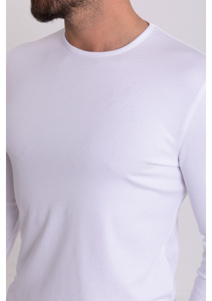 Düz Beyaz Renk Slim Fit Uzun Kollu Bisiklet Yaka Erkek T-Shirt indirimleri