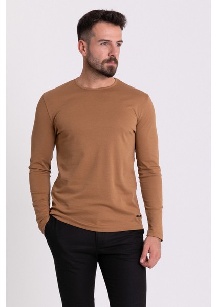 Düz Kamel Rengi Slim Fit Uzun Kollu Bisiklet Yaka Erkek T-shirt