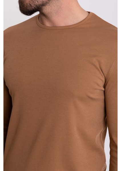 Düz Kamel Rengi Slim Fit Uzun Kollu Bisiklet Yaka Erkek T-shirt fiyatları