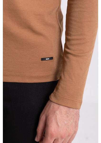 Düz Kamel Rengi Slim Fit Uzun Kollu Bisiklet Yaka Erkek T-shirt modelleri