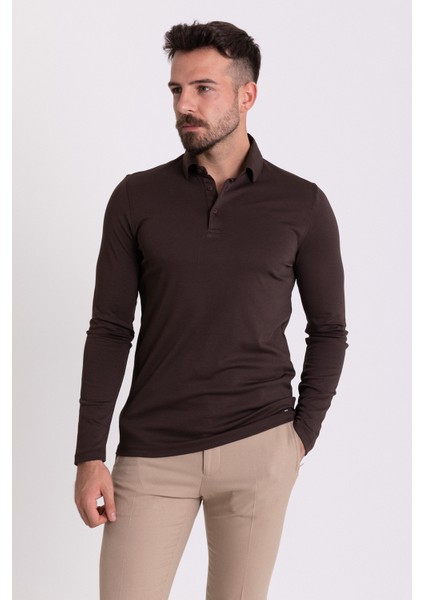 Düz Kahverengi Slim Fit Uzun Kollu Polo Yaka Erkek T-Shirt fırsatları