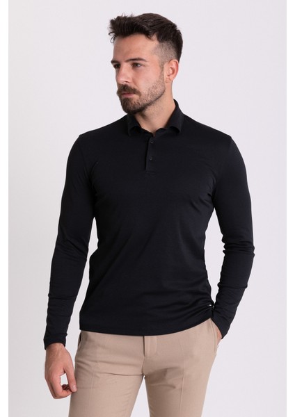 Düz Siyah Renk Slim Fit Uzun Kollu Polo Yaka Erkek T-Shirt modelleri