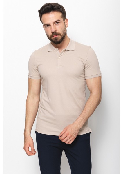 Düz Bej Rengi Slim Fit Polo Yaka Basic Erkek T-Shirt