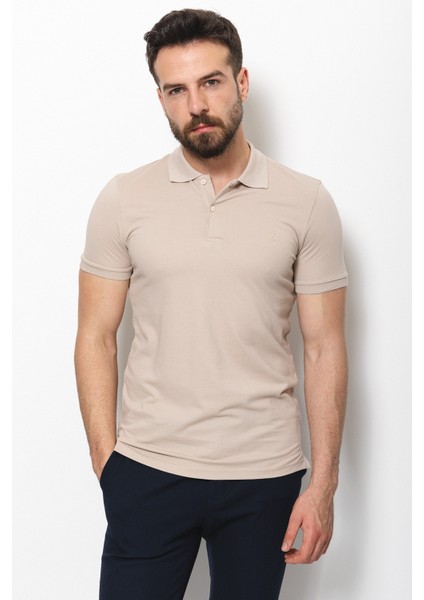 Düz Bej Rengi Slim Fit Polo Yaka Basic Erkek T-Shirt