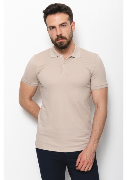 Düz Bej Rengi Slim Fit Polo Yaka Basic Erkek T-Shirt