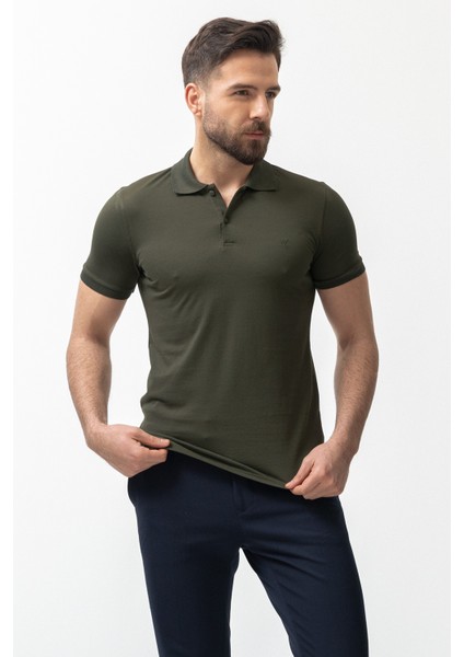 Düz Haki Rengi Slim Fit Polo Yaka Basic Erkek T-Shirt modelleri