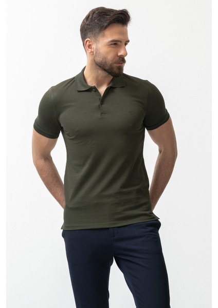 Düz Haki Rengi Slim Fit Polo Yaka Basic Erkek T-Shirt fırsatları