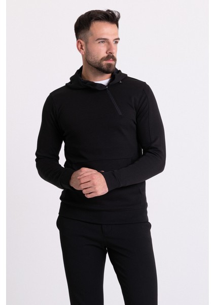 Fermuar Detaylı Siyah Renk Slim Fit Kapüşonlu Erkek Sweatshirt