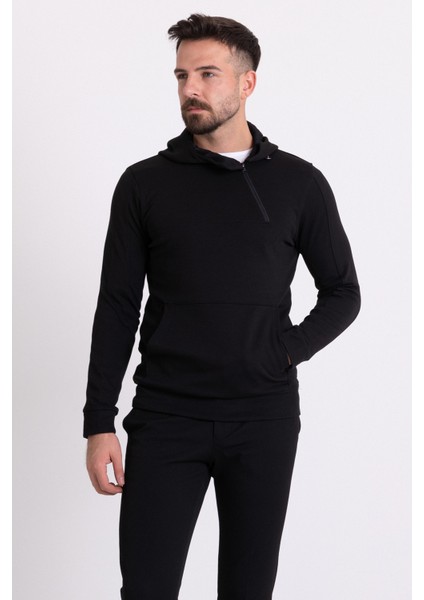 Fermuar Detaylı Siyah Renk Slim Fit Kapüşonlu Erkek Sweatshirt