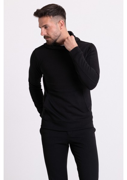 Fermuar Detaylı Siyah Renk Slim Fit Kapüşonlu Erkek Sweatshirt