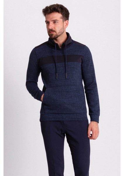 Kırçıllı Lacivert Renk Slim Fit Uzun Kollu Yarım Balıkçı Yaka Erkek Sweat