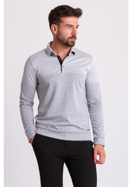 Çizgili Parçalı Gri Renk Slim Fit Uzun Kollu Polo Yaka Erkek T-shirt