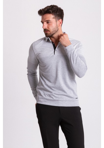 Çizgili Parçalı Gri Renk Slim Fit Uzun Kollu Polo Yaka Erkek T-shirt fırsatları