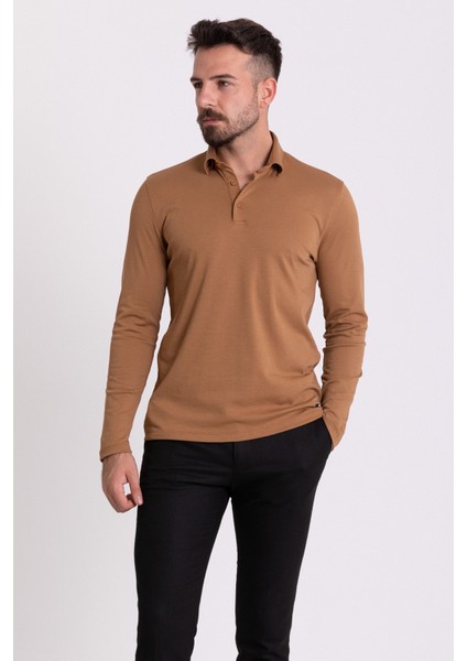 Düz Kamel Rengi Slim Fit Uzun Kollu Polo Yaka Erkek T-shirt